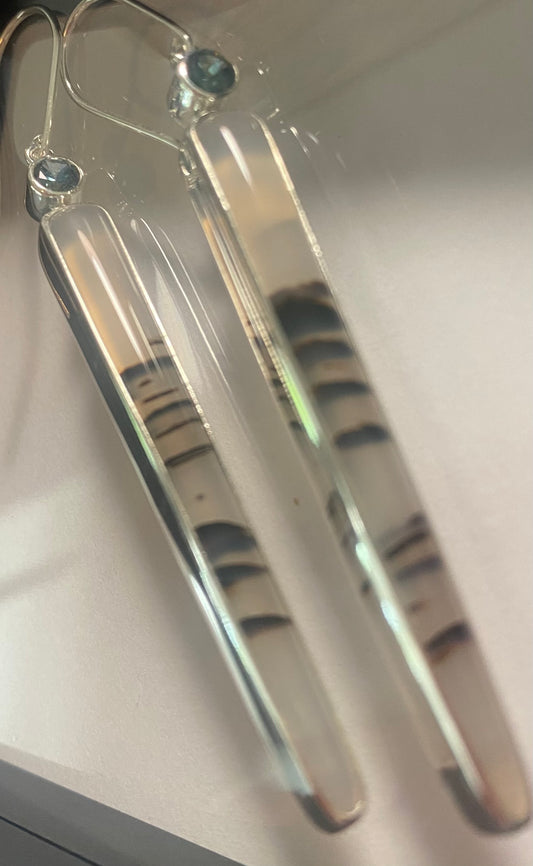 Long Clear Tapered Claw Dagger Bar Agate Sapphire Earrings