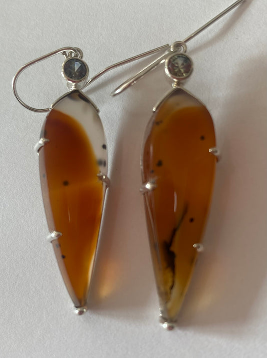 Amber Elongated Oval Claw Agate Sapphire Earrings