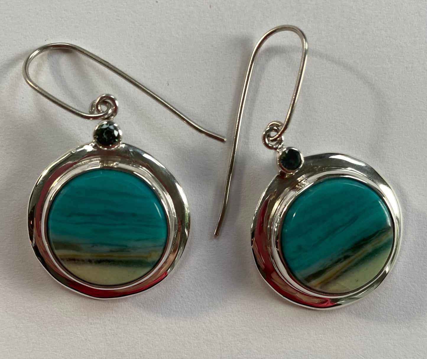 Round Bezel Wood Opal Drop Earrings