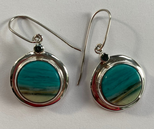 Round Bezel Wood Opal Drop Earrings